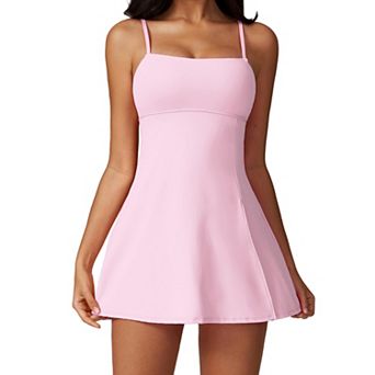 Womens Square Neck Tennis Dress Spaghetti Strap Athletic Golf Workout Dress With Shorts