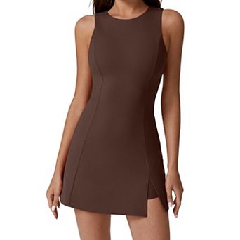 Womens Crew Neck Tennis Dress Sleeveless Side Slit Built In Shorts With Pockets