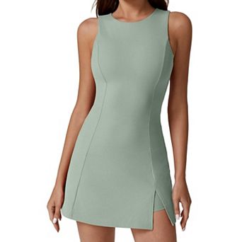 Womens Crew Neck Tennis Dress Sleeveless Side Slit Built In Shorts With Pockets