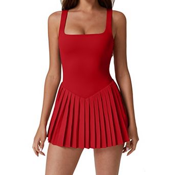 Womens Square Neck Pleated Sleeveless Athletic Golf Tennis Dress With Pockets Built In Shorts