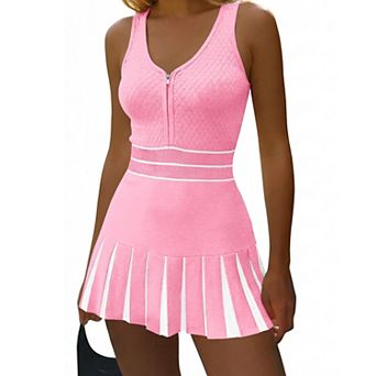 Womens Sleeveless Half Zip Knit Tennis Dress Athletic Workout Pleated