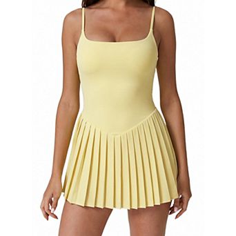 Womens Square Neck Spaghetti Strap Pleated Tennis Dress With Built In Shorts Pockets