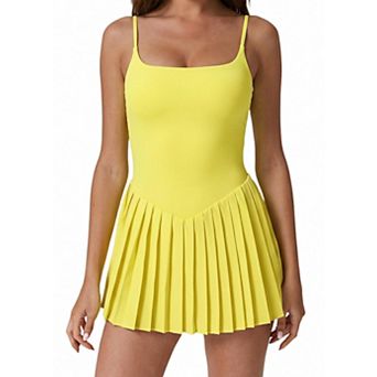Womens Square Neck Spaghetti Strap Pleated Tennis Dress With Built In Shorts Pockets