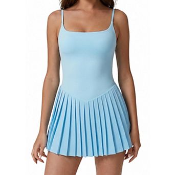 Womens Square Neck Spaghetti Strap Pleated Tennis Dress With Built In Shorts Pockets