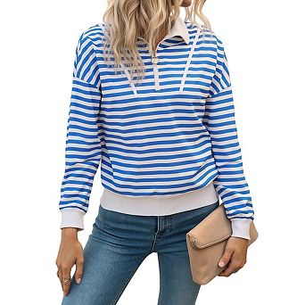 Women's Striped Half Zip Collared Sweatshirt Long Sleeve Loose Fit Casual Pullover Top