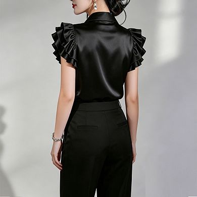 Women's Satin Ruffle Sleeve Button Down Blouse Elegant Collared Sleeveless Casual Work Top