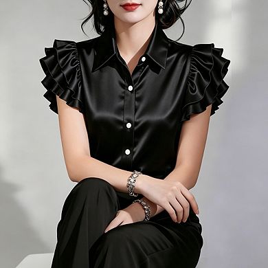 Women's Satin Ruffle Sleeve Button Down Blouse Elegant Collared Sleeveless Casual Work Top