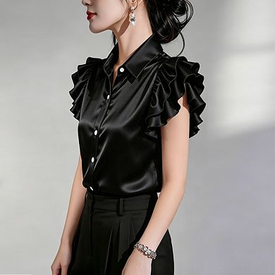 Women's Satin Ruffle Sleeve Button Down Blouse Elegant Collared Sleeveless Casual Work Top