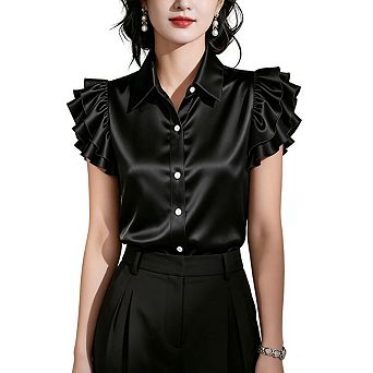 Women's Satin Ruffle Sleeve Button Down Blouse Elegant Collared Sleeveless Casual Work Top
