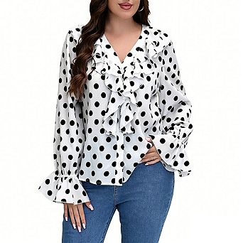 Women's Plus Size Polka Dot Blouse V-Neck Ruffle Front Long Bell Sleeve Button Down Top