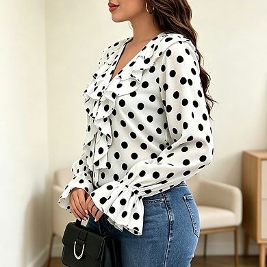 Women's Plus Size Polka Dot Blouse V-Neck Ruffle Front Long Bell Sleeve Button Down Top
