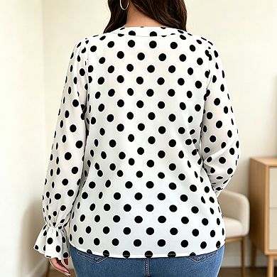 Women's Plus Size Polka Dot Blouse V-Neck Ruffle Front Long Bell Sleeve Button Down Top