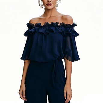 Women's Off Shoulder Ruffle Blouse Belled Short Sleeve Elegant Casual Top