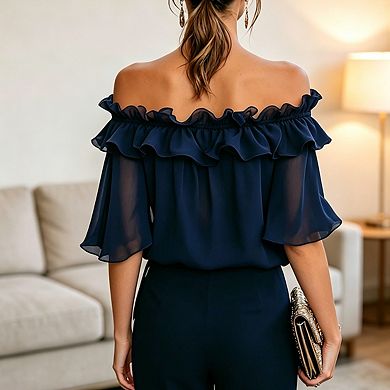 Women's Off Shoulder Ruffle Blouse Belled Short Sleeve Elegant Casual Top