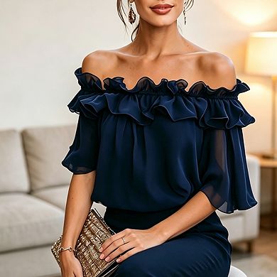 Women's Off Shoulder Ruffle Blouse Belled Short Sleeve Elegant Casual Top