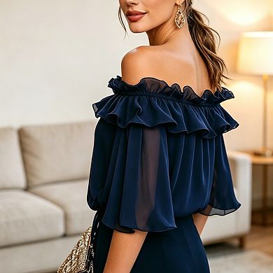 Women's Off Shoulder Ruffle Blouse Belled Short Sleeve Elegant Casual Top