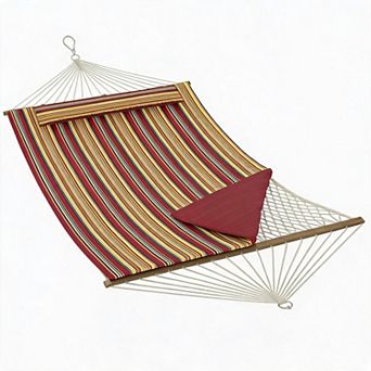 Quilted 2-Person Hammock with Steel Stand, 500lbs, Cotton Rope & Pillow for Patio & Garden
