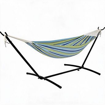 Heavy Duty Double Hammock with Steel Stand & Pillow, Cotton Rope, Quilted Pad for Patio & Garden