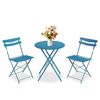 Folding 3 pc Bistro Set, Rust-Resistant Steel Patio Table & 2 Chairs