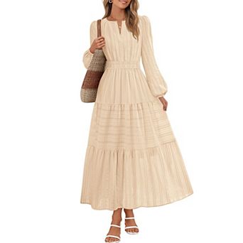 Women's Puff Sleeve V-Neck Midi Dress