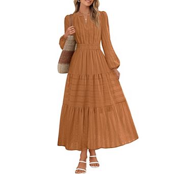 Women's Puff Sleeve V-Neck Midi Dress