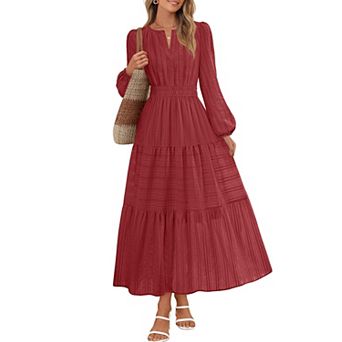 Women's Puff Sleeve V-Neck Midi Dress