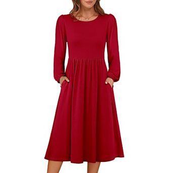 Women Long Sleeve Midi Dress Crewneck Flowy A-line Soft Lightweight Church Vacation Fall Outfit