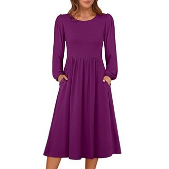 Women Long Sleeve Midi Dress Crewneck Flowy A-line Soft Lightweight Church Vacation Fall Outfit