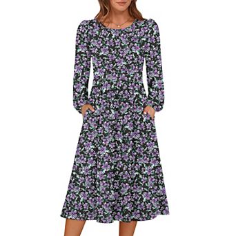 Women Long Sleeve Midi Dress Crewneck Flowy A-line Soft Lightweight Church Vacation Fall Outfit