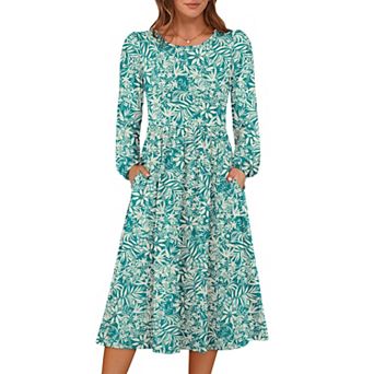Women Long Sleeve Midi Dress Crewneck Flowy A-line Soft Lightweight Church Vacation Fall Outfit