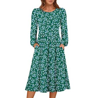Women Long Sleeve Midi Dress Crewneck Flowy A-line Soft Lightweight Church Vacation Fall Outfit