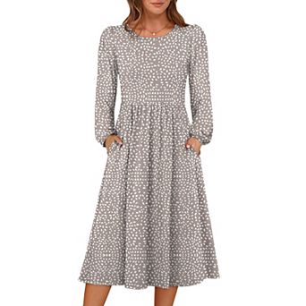 Women Long Sleeve Midi Dress Crewneck Flowy A-line Soft Lightweight Church Vacation Fall Outfit