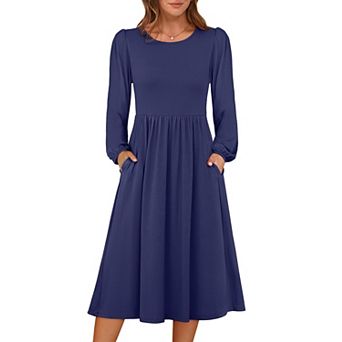 Women Long Sleeve Midi Dress Crewneck Flowy A-line Soft Lightweight Church Vacation Fall Outfit