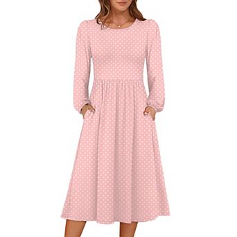 Women Long Sleeve Midi Dress Crewneck Flowy A-line Soft Lightweight Church Vacation Fall Outfit