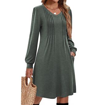 Women Long Sleeve Pleated V Neck A Line Tunic Dress