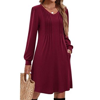 Women Long Sleeve Pleated V Neck A Line Tunic Dress