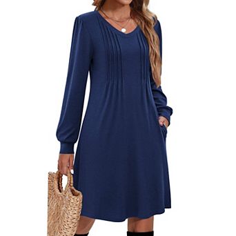 Women Long Sleeve Pleated V Neck A Line Tunic Dress