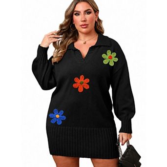 Women's Plus Size V Neck Long Sleeve Knit Sweater Dress