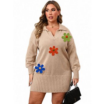 Women's Plus Size V Neck Long Sleeve Knit Sweater Dress