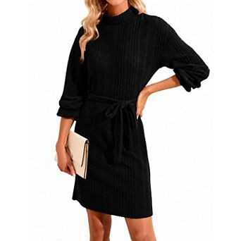 Women's Mock Neck Long Sleeve Pullover Sweater Dress With Belt