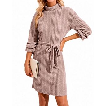 Women's Mock Neck Long Sleeve Pullover Sweater Dress With Belt
