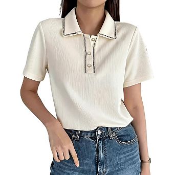 Women Contrast Trim Collar Pearl Button Ribbed Short Sleeve Polo Top