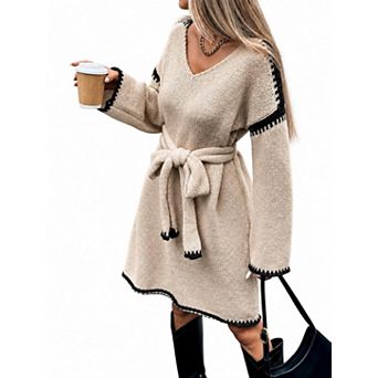 Women's V Neck Long Sleeve Sweater Dress