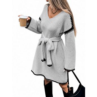 Women's V Neck Long Sleeve Sweater Dress