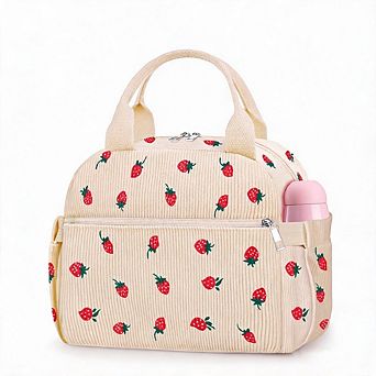 Strawberry Corduroy Insulated Lunch Bag Leakproof Reusable Cooler Tote for Adults Work