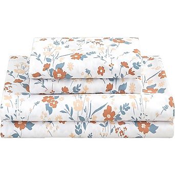 Queen Floral Sheet Set, 4 pc Orange Flower Microfiber Bedding, Deep Pocket with Corner Straps