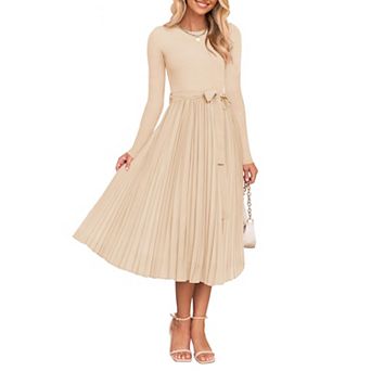 Women's Fall Knit Midi Dress Long Sleeve Crewneck Belted Pleated A Line