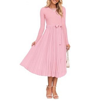 Women's Fall Knit Midi Dress Long Sleeve Crewneck Belted Pleated A Line