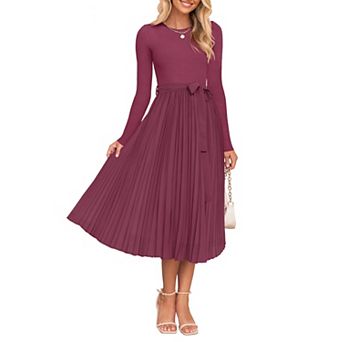 Women's Fall Knit Midi Dress Long Sleeve Crewneck Belted Pleated A Line