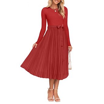 Women's Fall Knit Midi Dress Long Sleeve Crewneck Belted Pleated A Line